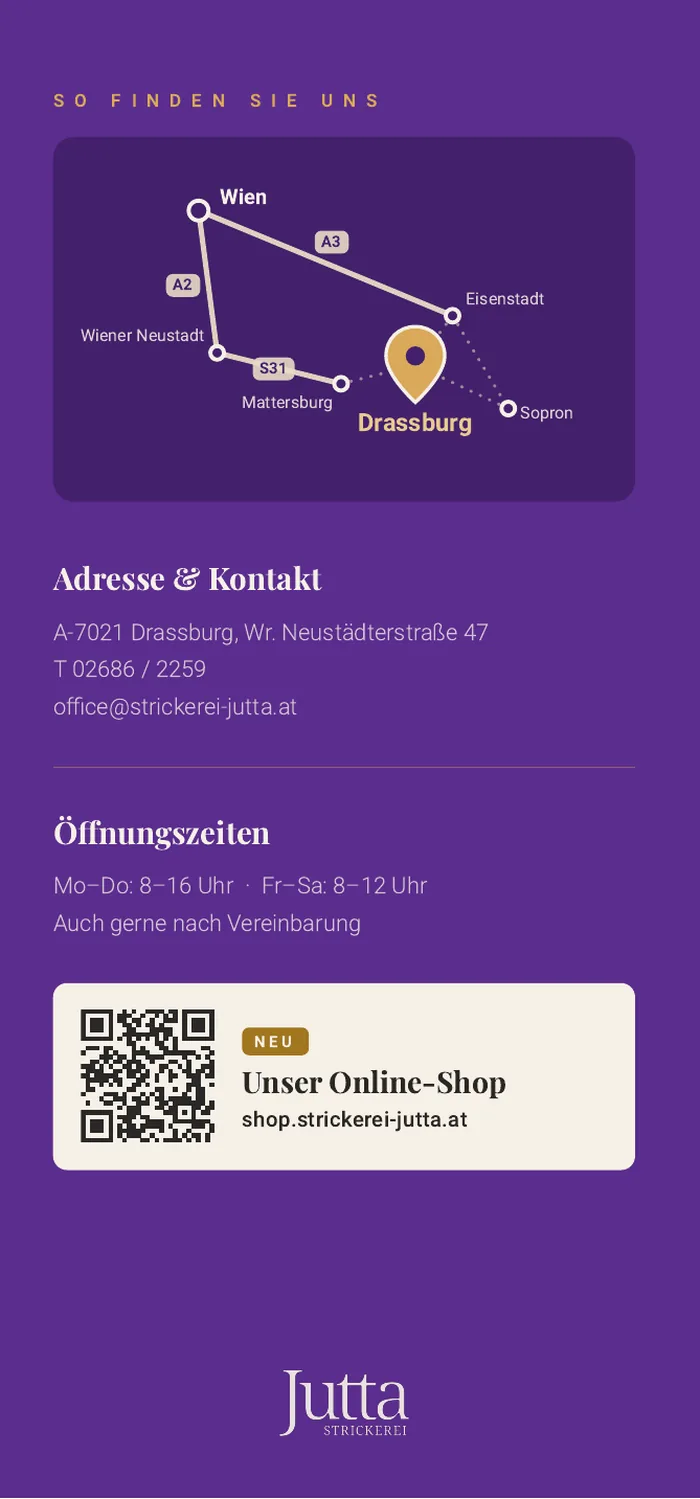 Mittelteil des gedruckten Flyers Herbst/Winter 2026 mit Anfahrt, Öffnungszeiten und QR-Code zum Online-Shop