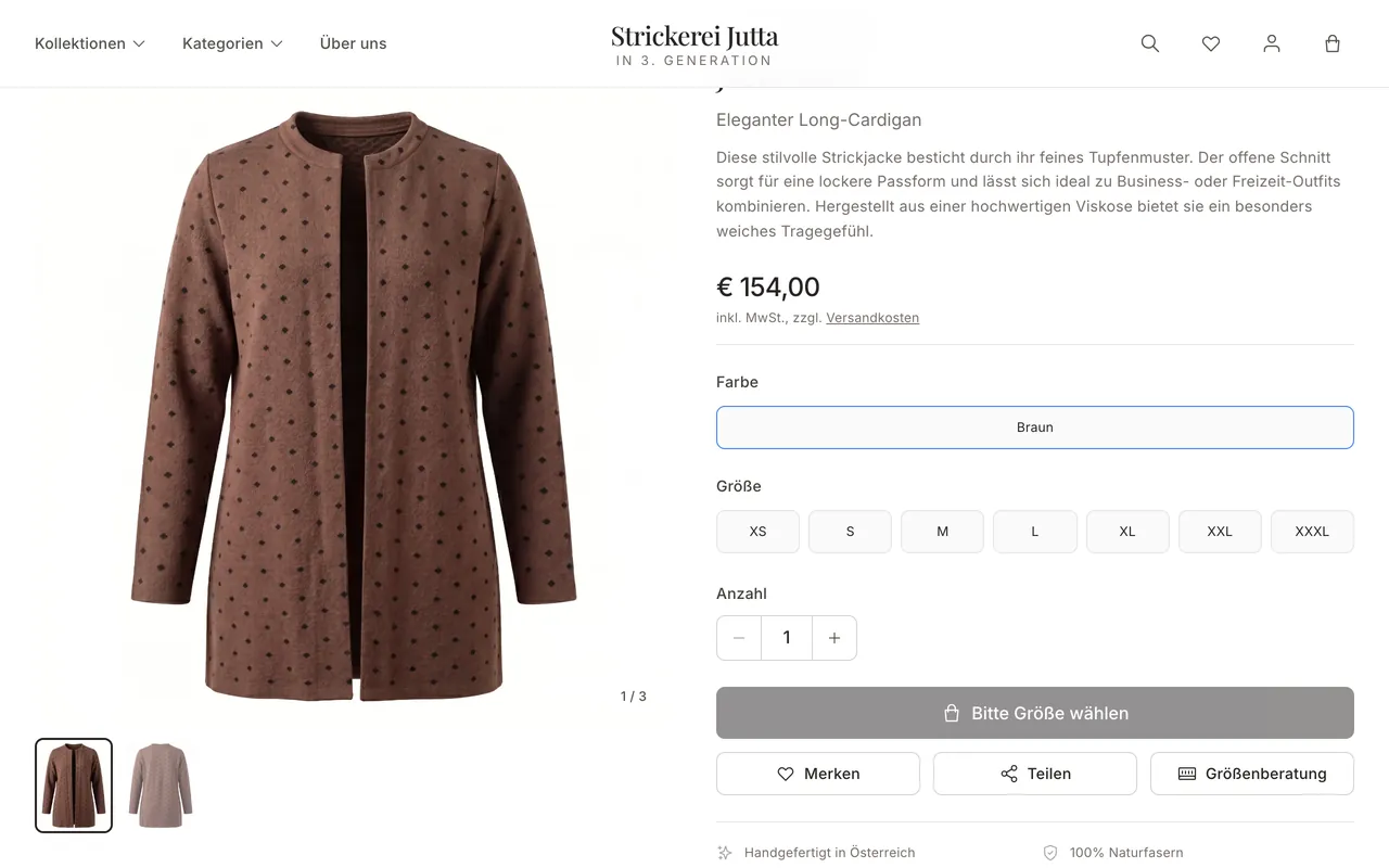 Der echte Shop der Jutta Strickerei: Produktseite der Jacke DOT mit Farb- und Größenwahl
